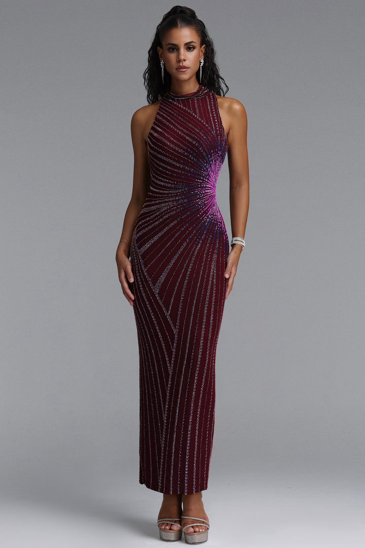 Yeil Halter High Neck Rhinestone Ruched Maxi Dress