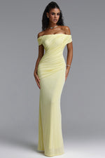 Load image into Gallery viewer, Slaia Minimalist Off Shoulder Diagonal Ruched Knit Yellow Maxi Dress