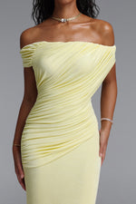 Load image into Gallery viewer, Slaia Minimalist Off Shoulder Diagonal Ruched Knit Yellow Maxi Dress