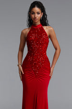 Load image into Gallery viewer, Octavia Elegant Contour Sleeveless Slit Sequin Woven Red Maxi Dress