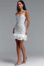 Lade Bild in die Galerieansicht, Francina Exquisite Contour Cami Strap Rhinestone Ruffle White Bandage Mini Dress