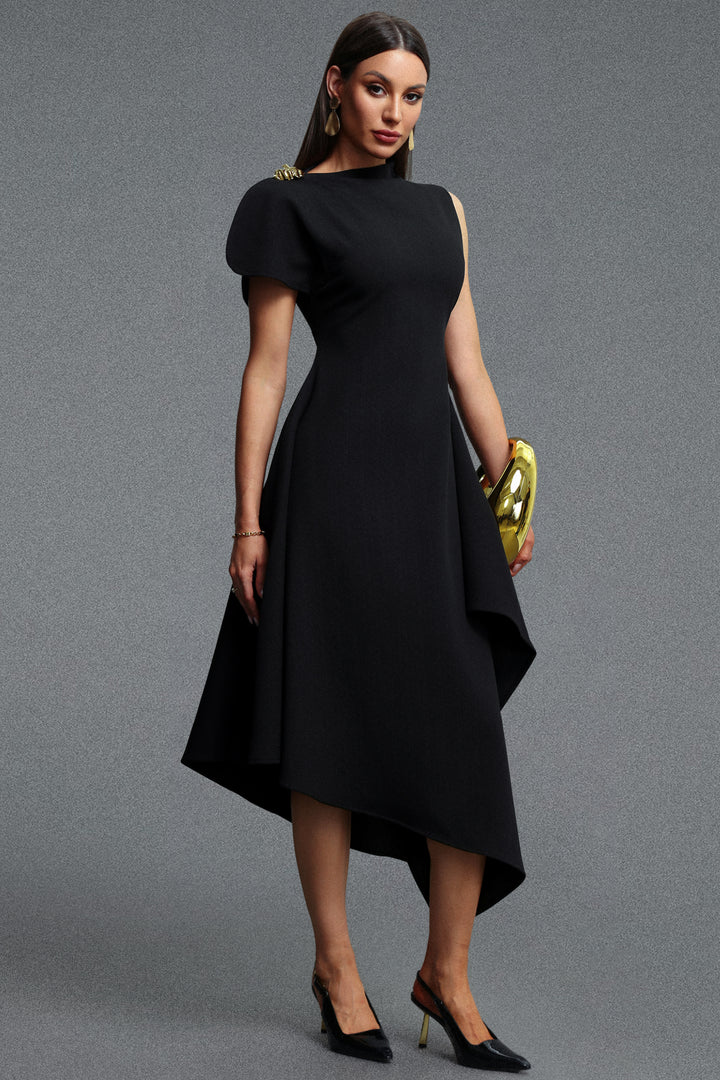 Weren Elegant Contour High Neck Asymmetric Black Maxi Dress