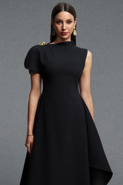 Weren Elegant Contour High Neck Asymmetric Black Maxi Dress