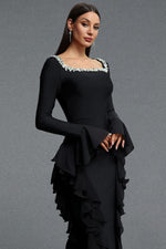 Load image into Gallery viewer, Mavis Elegant Luxurious Square Neck Long Sleeve Rhinestone Embellished Ruffle Bandage Maxi Dress