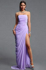 Lade Bild in die Galerieansicht, Tazeda Elegant Contour Strapless Ruched Mesh Purple Maxi Dress