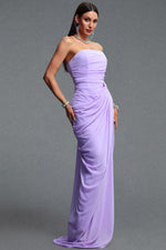 Lade Bild in die Galerieansicht, Tazeda Elegant Contour Strapless Ruched Mesh Purple Maxi Dress