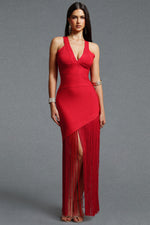 Load image into Gallery viewer, Emma Chic Contour V Neck Sleeveless Fringe Red Bandage Maxi Dress