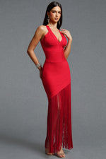 Load image into Gallery viewer, Emma Chic Contour V Neck Sleeveless Fringe Red Bandage Maxi Dress