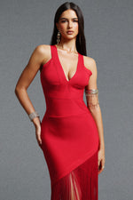 Load image into Gallery viewer, Emma Chic Contour V Neck Sleeveless Fringe Red Bandage Maxi Dress