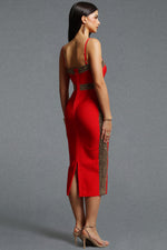 Load image into Gallery viewer, Lestie Minimalist Contour Straight Neck Gold Woven Bandage Red Midi Dress
