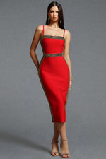 Load image into Gallery viewer, Lestie Minimalist Contour Straight Neck Gold Woven Bandage Red Midi Dress