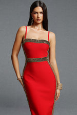 Load image into Gallery viewer, Lestie Minimalist Contour Straight Neck Gold Woven Bandage Red Midi Dress