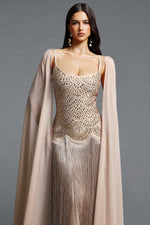 Load image into Gallery viewer, Ikara Elegant Spaghetti Strap Rhinestone Fringe Cape Bandage Maxi Dress