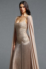 Load image into Gallery viewer, Ikara Elegant Spaghetti Strap Rhinestone Fringe Cape Bandage Maxi Dress