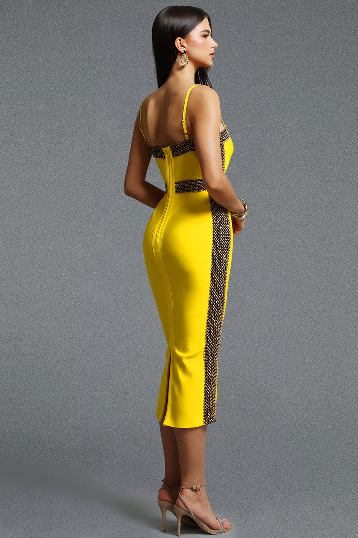 Lestie Minimalist Contour Straight Neck Gold Woven Bandage Yellow Midi Dress