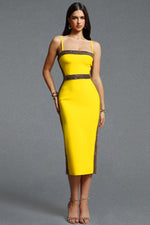 Load image into Gallery viewer, Lestie Minimalist Contour Straight Neck Gold Woven Bandage Yellow Midi Dress
