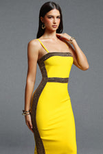 Load image into Gallery viewer, Lestie Minimalist Contour Straight Neck Gold Woven Bandage Yellow Midi Dress