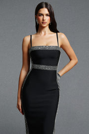 Lestie Minimalist Contour Straight Neck Silver Trim Woven Bandage Midi Dress