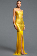 Load image into Gallery viewer, Labola Chic Contour Fringe Gold Bandage Maxi Dress