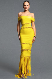Sylvia Elegant Off Shoulder Beaded Tassel Bandage Maxi Dress