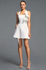 Load image into Gallery viewer, Veren Elegant Cinched Waist Halter Floral Pearl A Line Woven Mini Dress