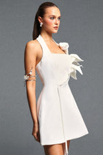 Load image into Gallery viewer, Veren Elegant Cinched Waist Halter Floral Pearl A Line Woven Mini Dress