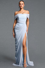 Lade Bild in die Galerieansicht, Tazeda Elegant Contour Off Shoulder Ruched Slit Mesh Maxi Dress
