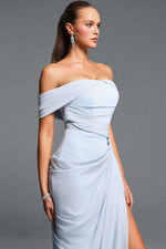 Lade Bild in die Galerieansicht, Tazeda Elegant Contour Off Shoulder Ruched Slit Mesh Maxi Dress