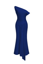 Load image into Gallery viewer, Paulina Oblique Shoulder Sleeveless Folds RoyalBlue Midi Dress