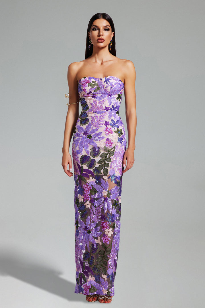 Eugenia Flr Sequins Strapless Mesh Dress - Purple