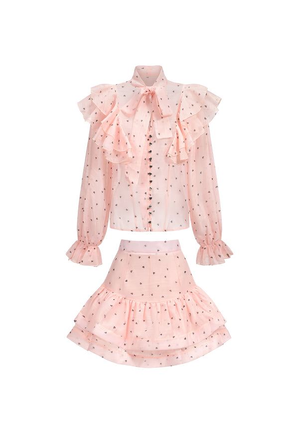 Sahara Rufflede Dot Printed Bowknot Top And Skirt Two-Piece Set