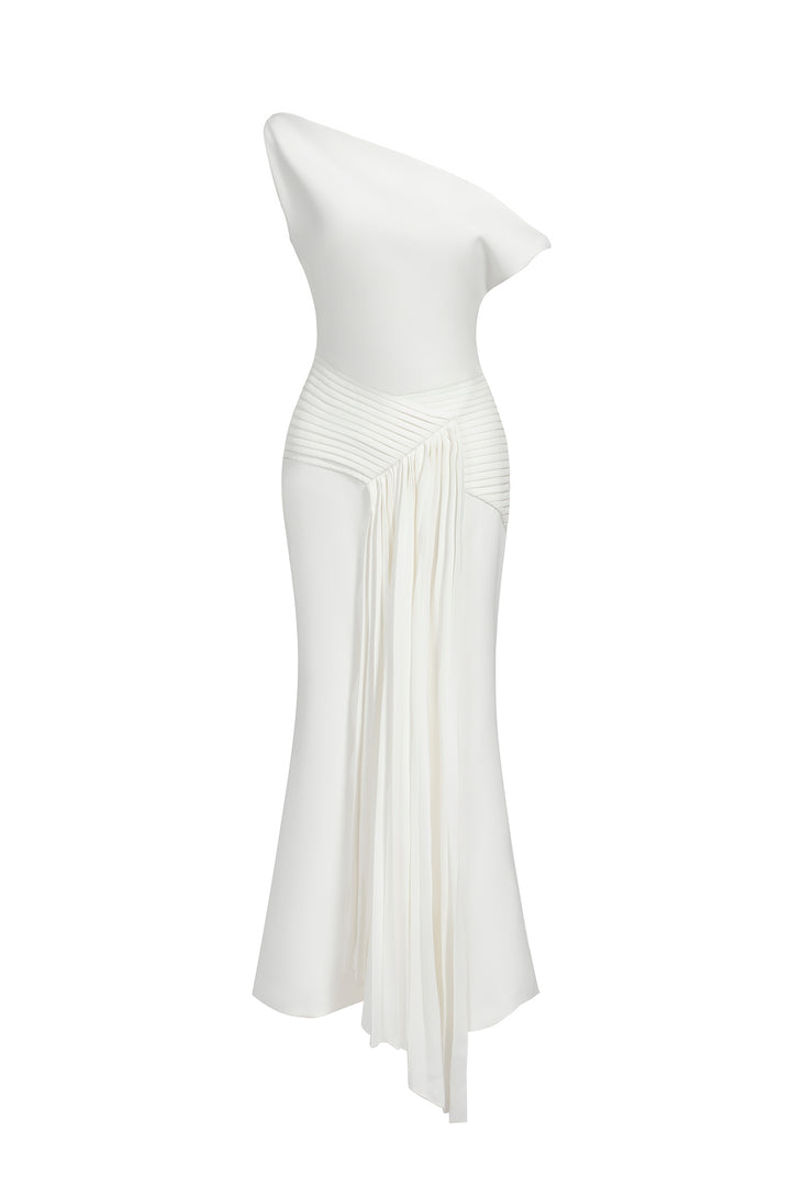 Paulina Oblique Shoulder Sleeveless Folds Midi Dress