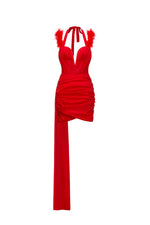 Load image into Gallery viewer, Lala Halterneck Feather Satin Mini Dress - Red