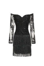 Load image into Gallery viewer, Ludia Lace Sequins Off Shoulder Fringe Mini Dress
