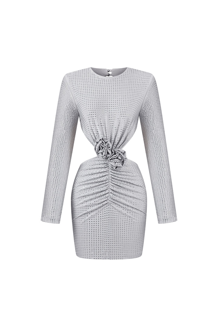 Ella Langarm Blumen Hohl Rückenloses Diamant-Minikleid