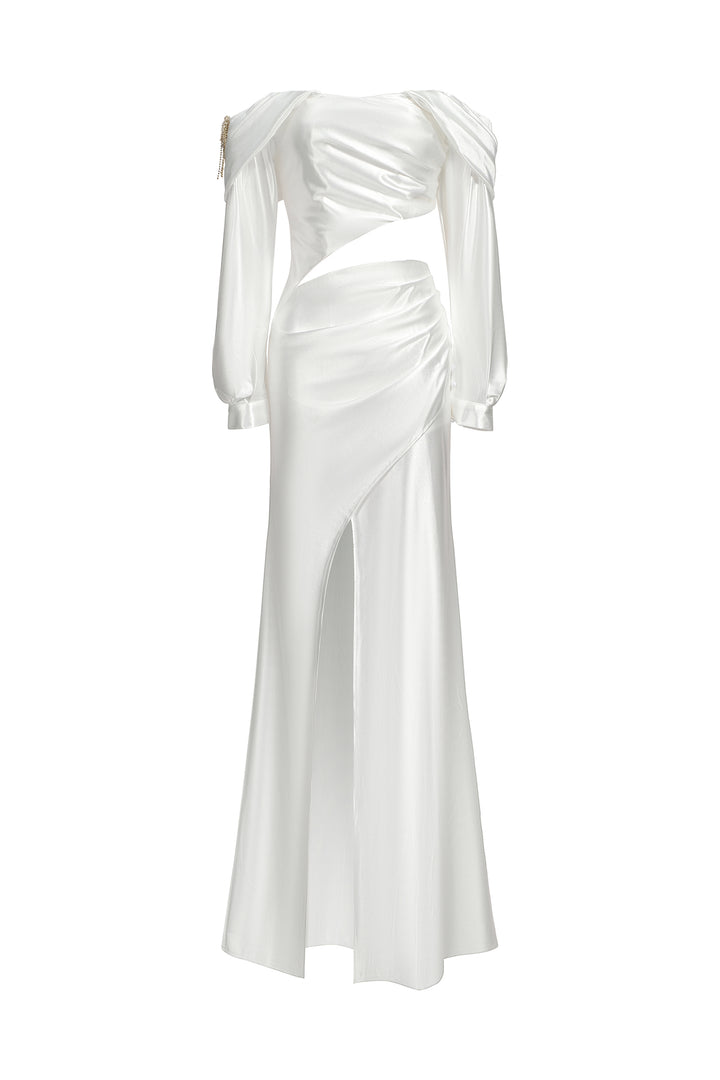 Dotty One Shoulder Long Sleeves Hollow High Slit Satin Maxi Dress
