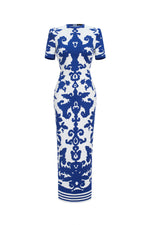 Load image into Gallery viewer, Lerae Round Neck Short Sleeve Jacquard Bandage Maxi Dress