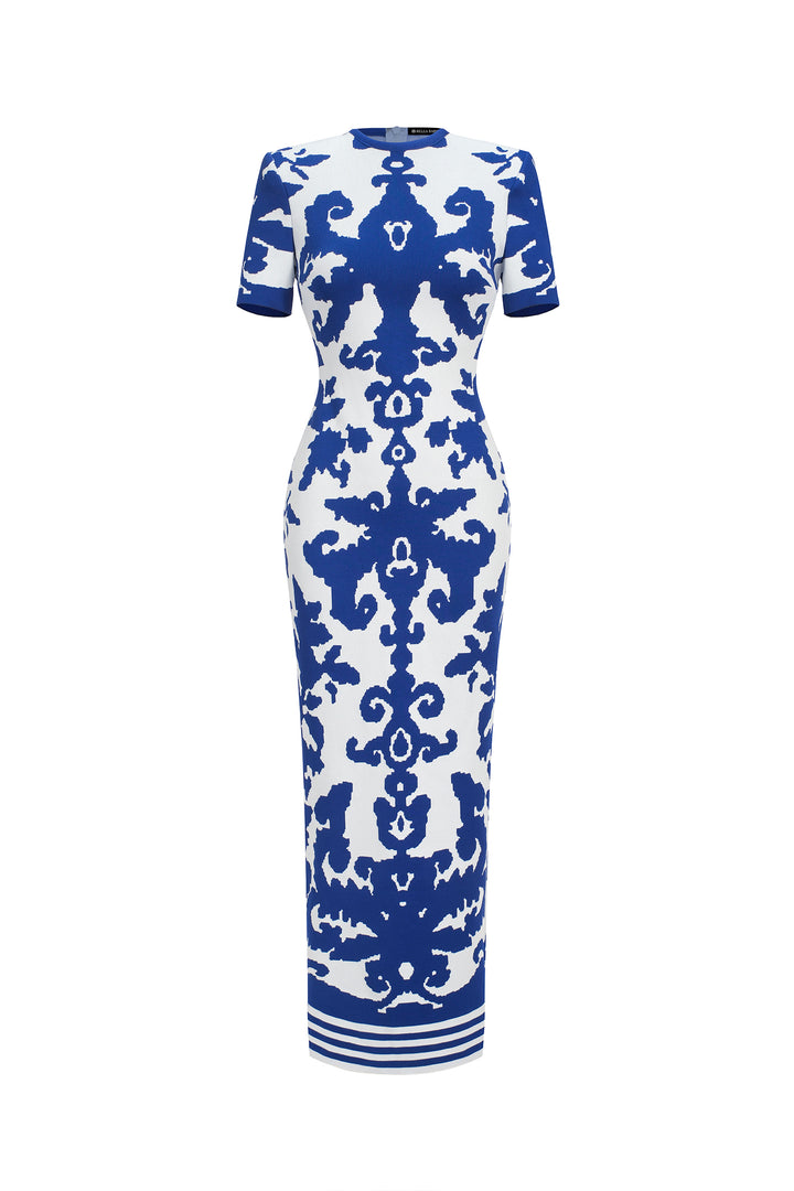 Lerae Round Neck Short Sleeve Jacquard Bandage Maxi Dress