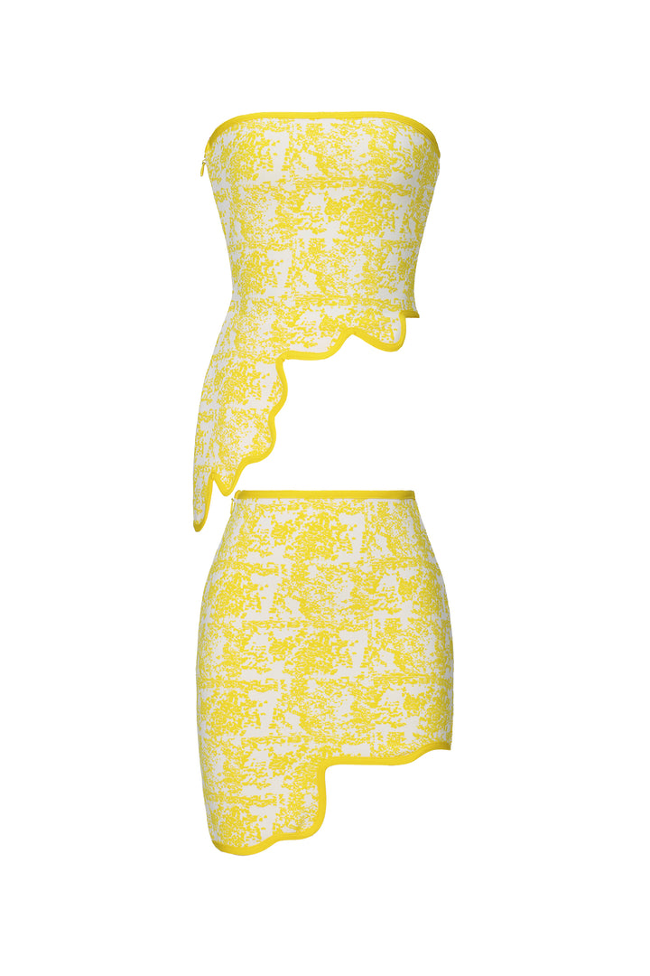 Trinaco Chic Contour Scalloped Print Yellow Bandage Top and Skirt Set