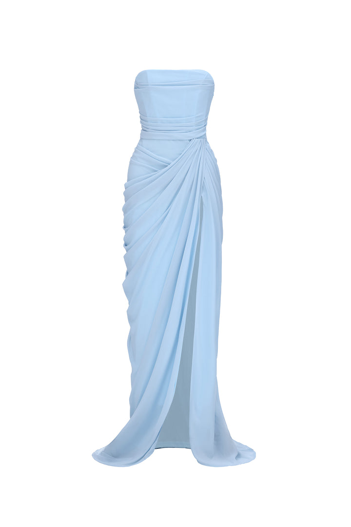 Tazeda Elegant Contour Strapless Ruched Mesh Maxi Dress