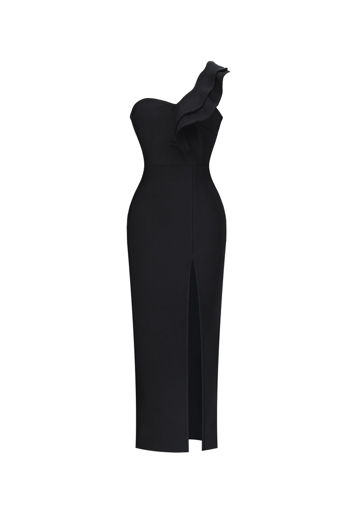 Winnie Minimal Contour One Shoulder Ruffle High Slit Bandage Midi Dress