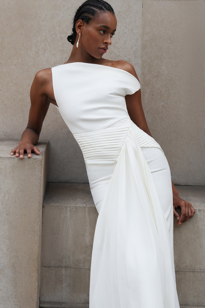 Paulina Oblique Shoulder Sleeveless Folds Midi Dress