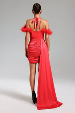 Load image into Gallery viewer, Lala Halterneck Feather Satin Mini Dress - Red