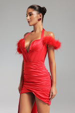 Load image into Gallery viewer, Lala Halterneck Feather Satin Mini Dress - Red