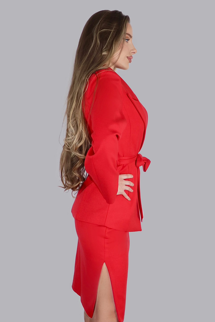 Imperial Rouge Couture – Red Wool Skirt Suit with Belt