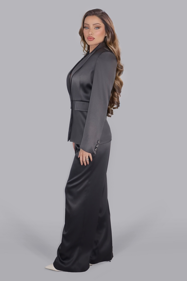 Lunar Obsidian Veil – Dark Grey Satin Suit with Wide Trousers