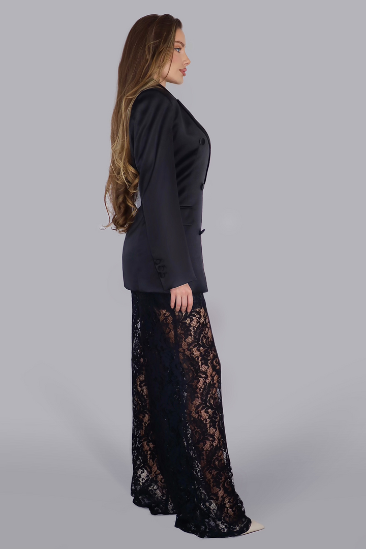 Midnight Noir Opulence – Black Satin Suit with Low-Cut Shirt & Lace Trousers