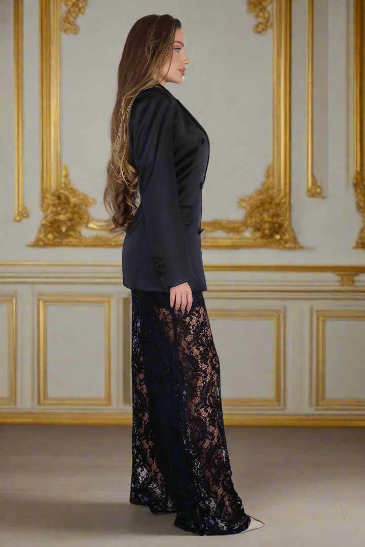 Midnight Noir Opulence – Black Satin Suit with Low-Cut Shirt & Lace Trousers