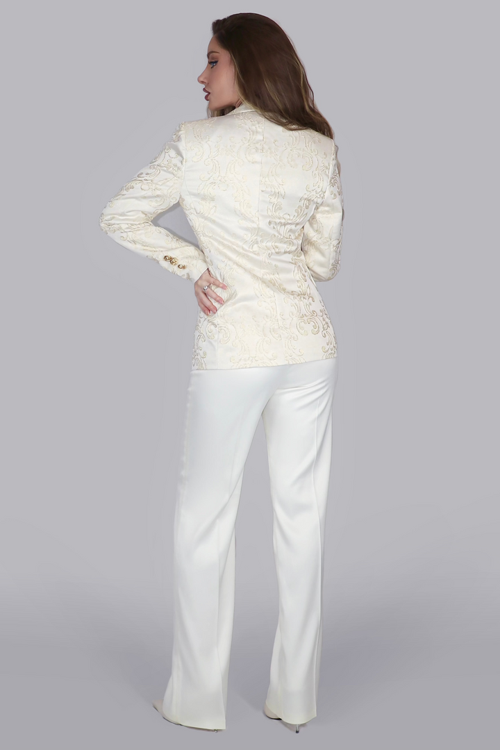 Ethereal Gold Reverie – White Satin Blazer & Trouser Ensemble