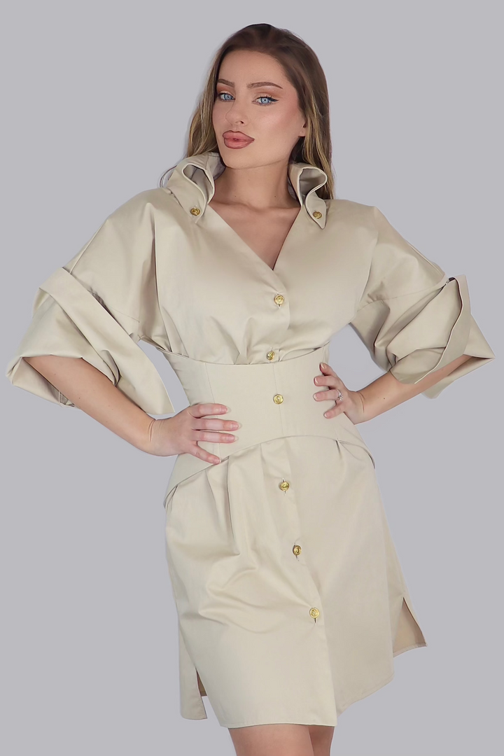 Sovereign Poised Contour – Sculptural Matte Beige Corset Shirt Dress